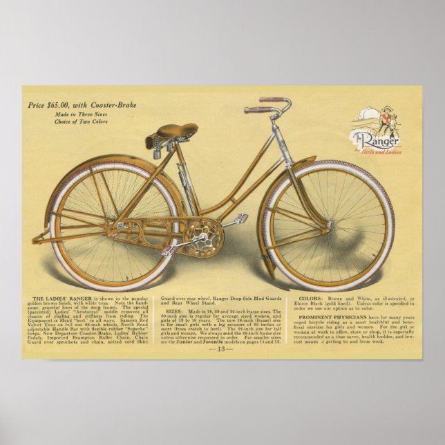 1923 Vintage Ladies Ranger Bicycle Ad Art Poster (Front)