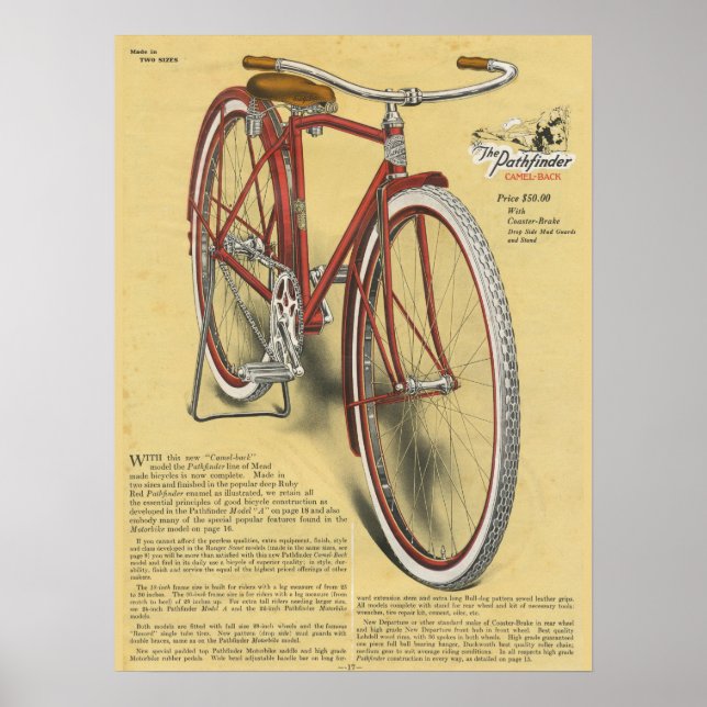 1923 Vintage Pathfinder Bicycle Ad Art Poster (Front)