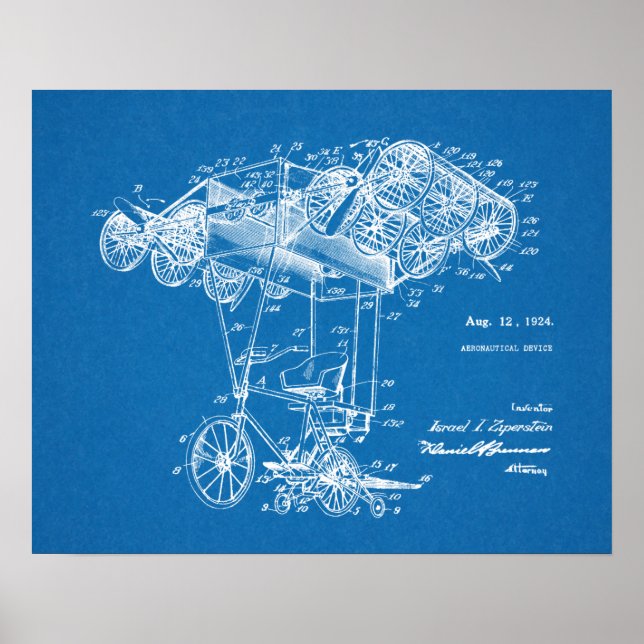 1924 Flying Bicycle Airplane Patent Art Drawing Poster (Front)