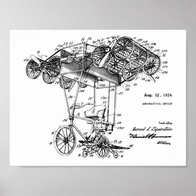 1924 Flying Bicycle Airplane Patent Drawing Print (Front)