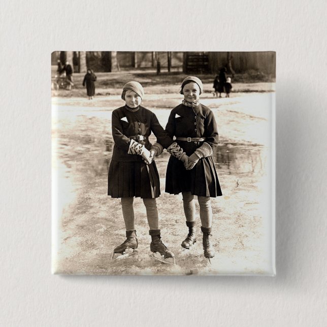 1925 Girlfriends Ice Skating 2 Inch Square Button (Front)