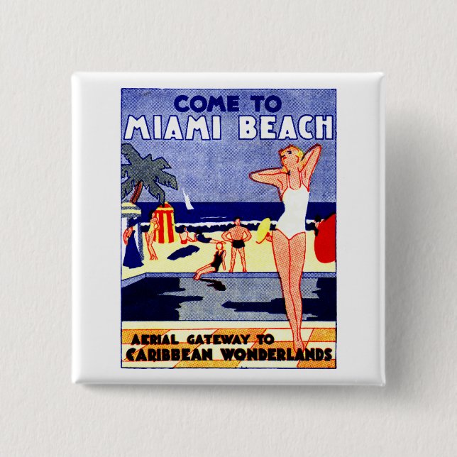 1925 Miami Beach Travel Poster 2 Inch Square Button (Front)