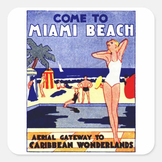 1925 Miami Beach Travel Poster Square Sticker (Front)