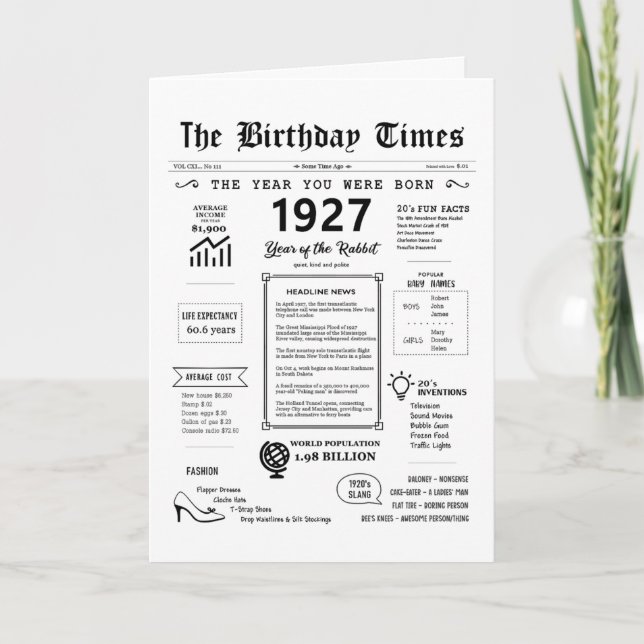 1927 L'Année De Votre Naissance Carte D'Anniversai (Devant)