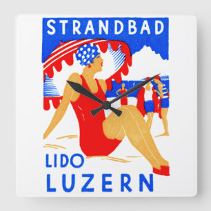1929 Art Deco Strandbad Lido Luzern Square Wall Clock