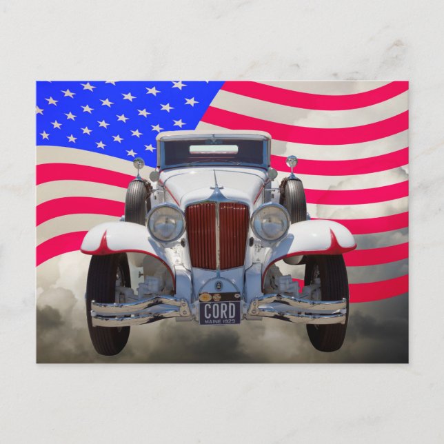 1929 Cord 6-29 Cabriolet and American Flag Postcard (Front)