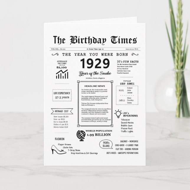 1929 L'Année De Votre Naissance Carte D'Anniversai (Devant)