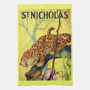 1929 St. Nicholas magazine cover leopard print Kitchen Towel