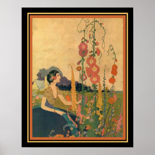 1930 Déco Imprimer "Girl in a Flower Garden" 16 x 
