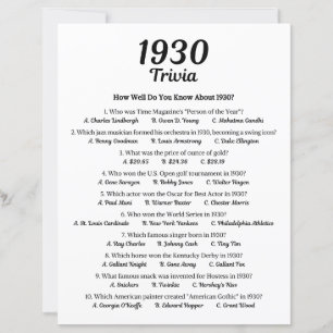 1930 Trivia Game 95th Birthday Party Game