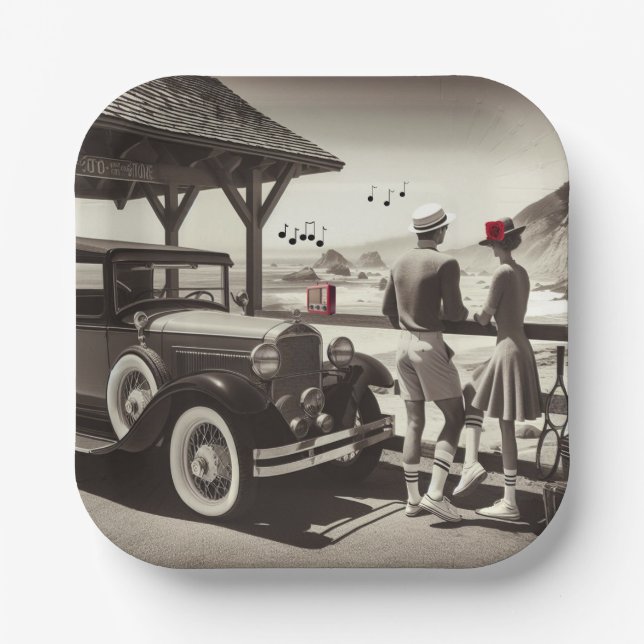 1930 Vintage Car Couple Black White Paper Napkins Plate (Front)