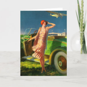 1930 woman car and airplane card