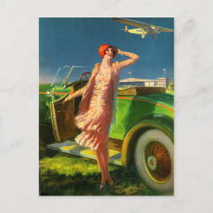 1930 woman car and airplane postcard