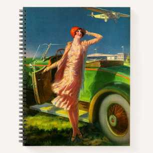 1930 woman car and airplane print notebook
