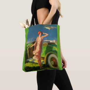 1930 woman car and airplane tote bag