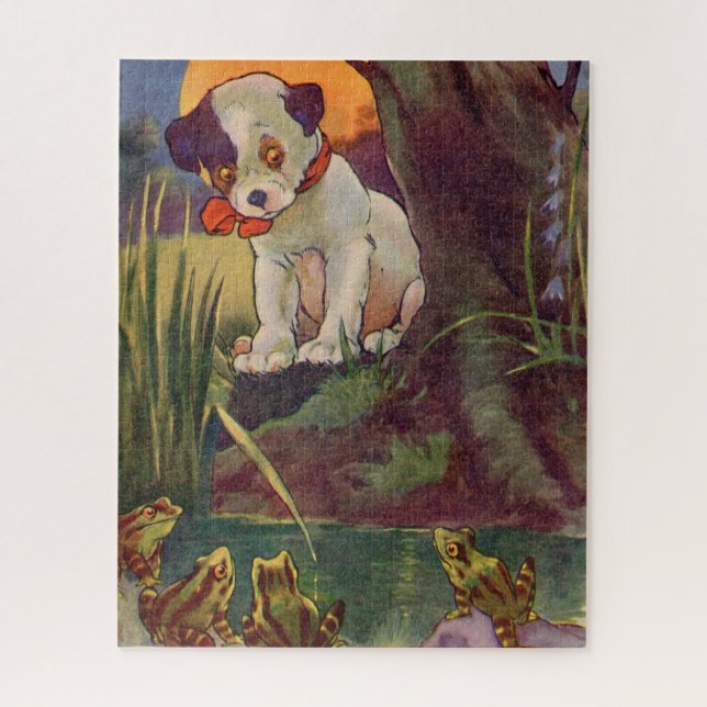 1930s adorable puppy and bullfrogs jigsaw puzzle (Vertical)