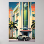 1930s art deco building entrance airbrush art poster<br><div class="desc">Stylized airbrush painting of the entrance area of an art deco building in the 1930s with a roadster parked in front.

Crafted using generative algorithms and Photoshop. This is another 100% original Snuggle Hamster design.</div>