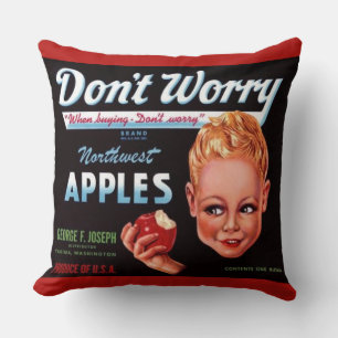 1930s Don’t Worry brand apples fruit crate label Throw Pillow