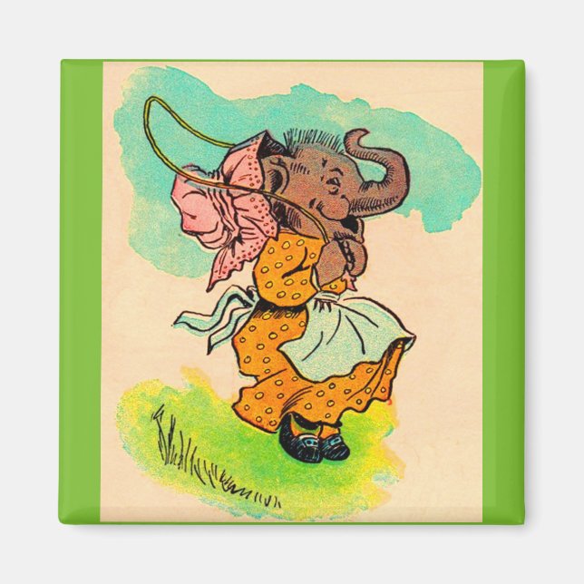 1930s dressed elephant playing jump rope magnet (Front)