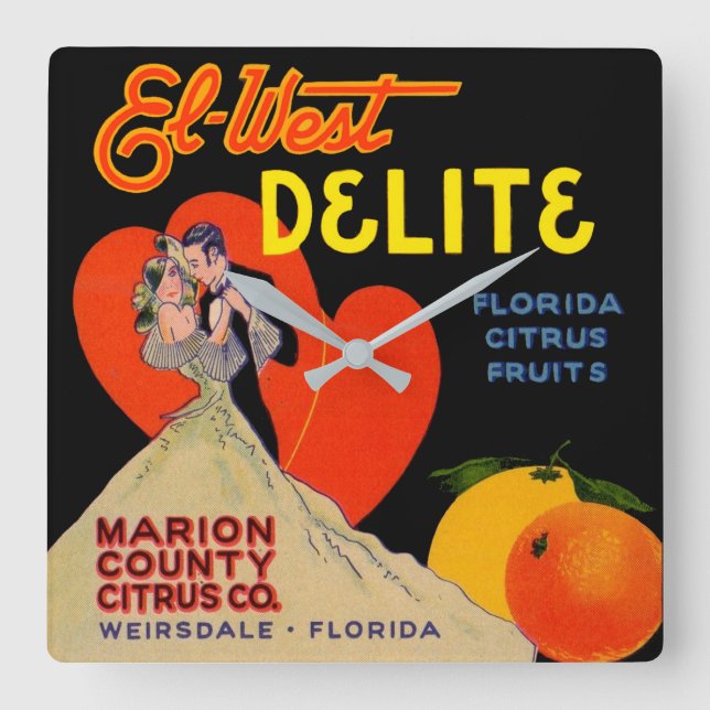 1930s El-West Delite Florida Citrus Fruit Square Wall Clock (Front)
