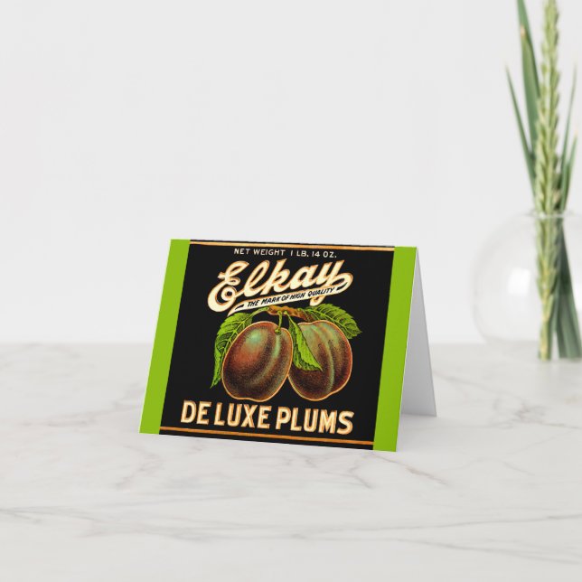1930s Elkay Deluxe Plums label print Note Card (Front)