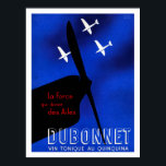 1930s Era Art Deco Aviation Poster<br><div class="desc">DUBONNET. Blue, black, white and red illustrated print in a maroon mat advertising tonic wine. Blue background with black silhouette of a plane’s nose and propeller in forefront and three white, almost silhouetted planes in distance. Full text: "DUBONNET" lettered in sans-serif, outlined three-dimensional font with the background visible through the...</div>