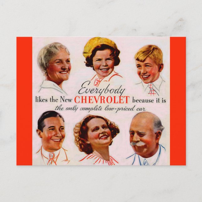 1930s Everybody Likes Chevrolet Postcard (Front)