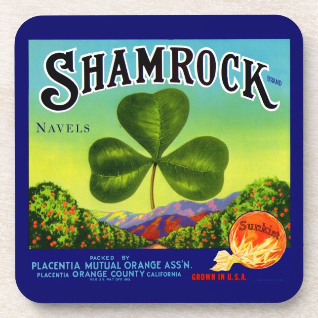 1930s fruit crate label Shamrock Navel Oranges Coaster (Front)
