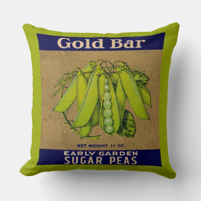 1930s Gold Bar sugar peas can label Throw Pillow (Front)