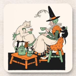 1930s Halloween Witch Sharing Tea with Her Cats Coaster