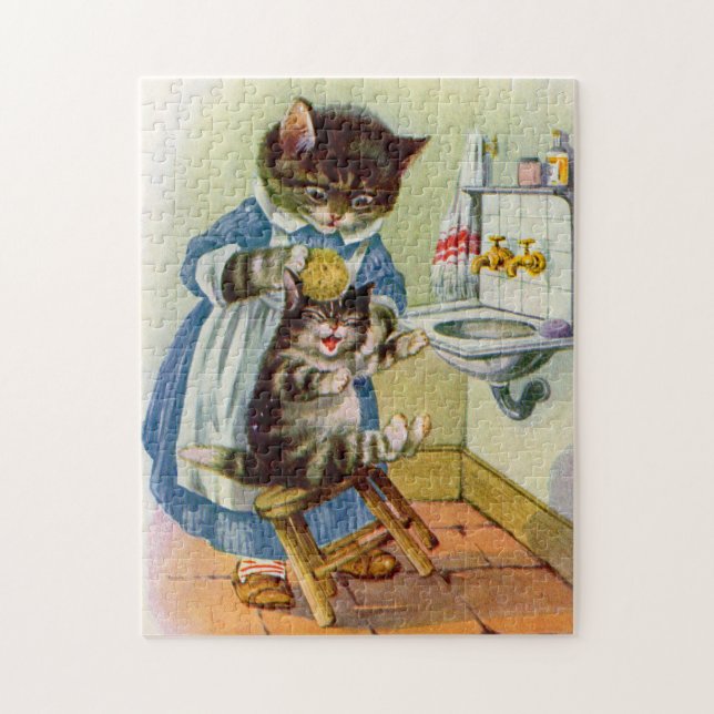 1930s kitty mama washes her kitten jigsaw puzzle (Vertical)