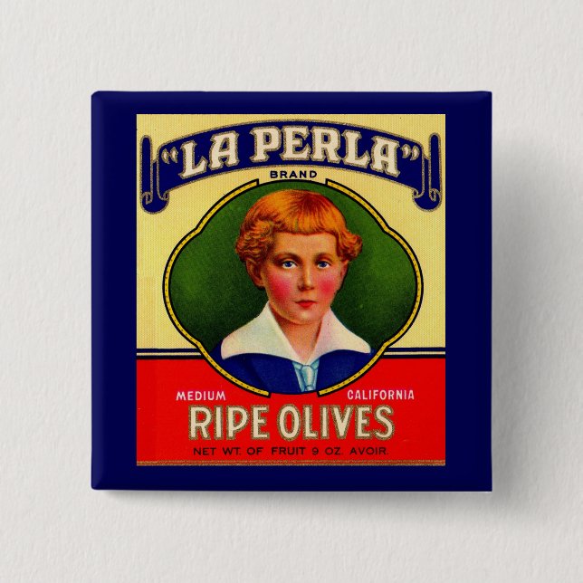 1930s LaPerla Olives label 2 Inch Square Button (Front)