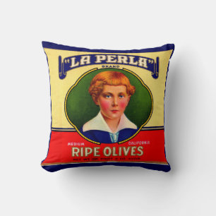 1930s LaPerla Olives label print Throw Pillow