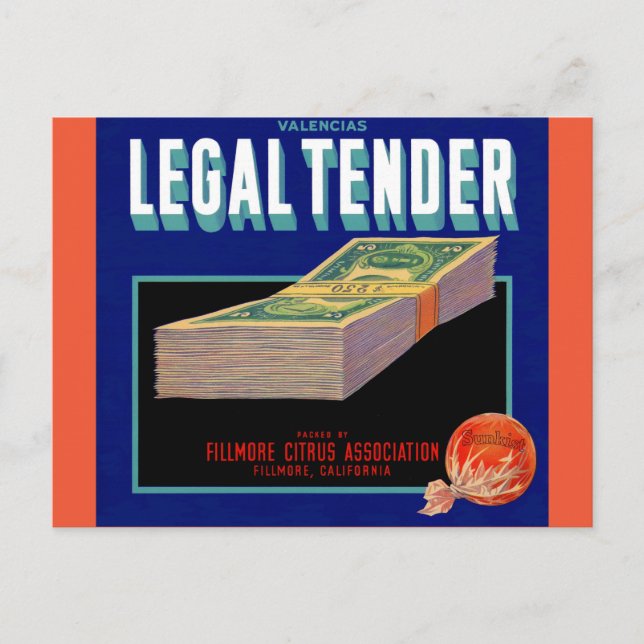 1930s Legal Tender orange crate label Postcard (Front)