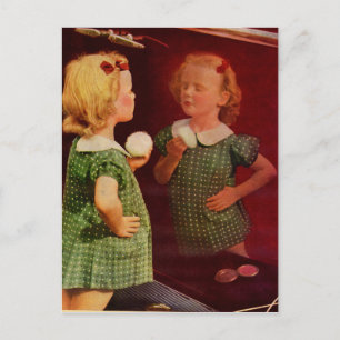 1930s little girl looking in the mirror postcard