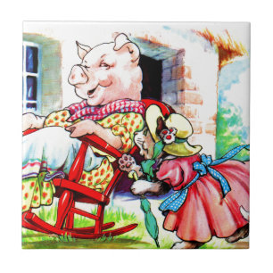 1930s mama kitty and baby kitty visit pig tile