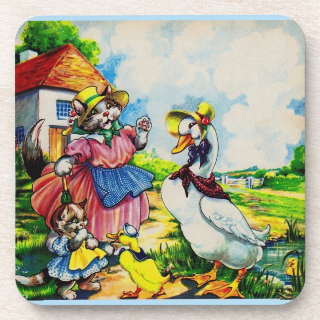 1930s mama kitty cat and baby kitty visit ducks coaster (Front)