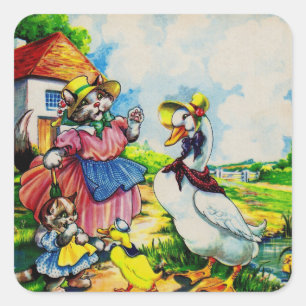 1930s mama kitty cat and baby kitty visit ducks square sticker
