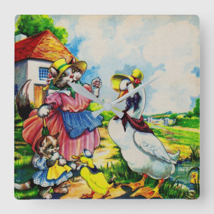 1930s mama kitty cat and baby kitty visit ducks square wall clock