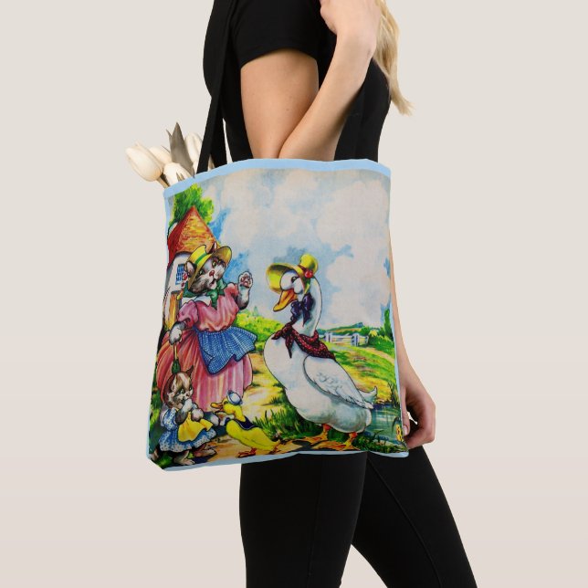 1930s mama kitty cat and baby kitty visit ducks tote bag (Close Up)