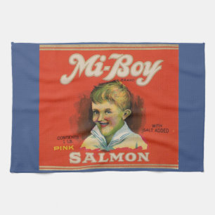 1930s Mi-Boy pink salmon can label Kitchen Towel