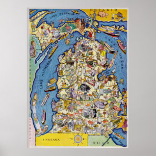 1930's Pictorial Michigan Map Poster