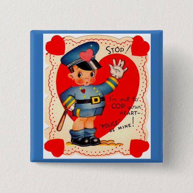 1930s police boy valentine 2 inch square button (Front)