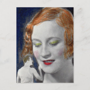 1930s redhead woman and her teeny tiny husband postcard