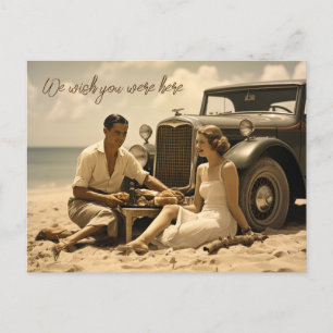 1930s retro picnic on the beach by a roadster postcard