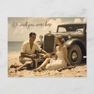 1930s retro picnic on the beach by a roadster postcard