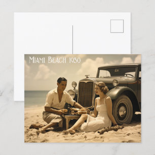 1930s retro picnic on the beach by a roadster postcard
