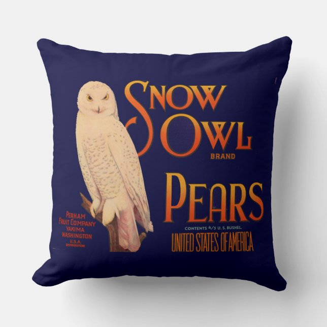 1930s Snow Owl brand pears fruit crate label print Throw Pillow (Front)