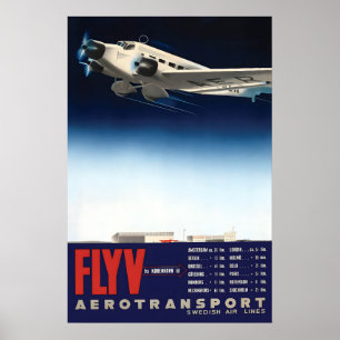 1930s Swedish Airlines Travel Poster Vintage