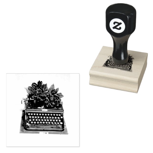 1930s Typewriter & Flowers Rubber Stamp (Stamped)